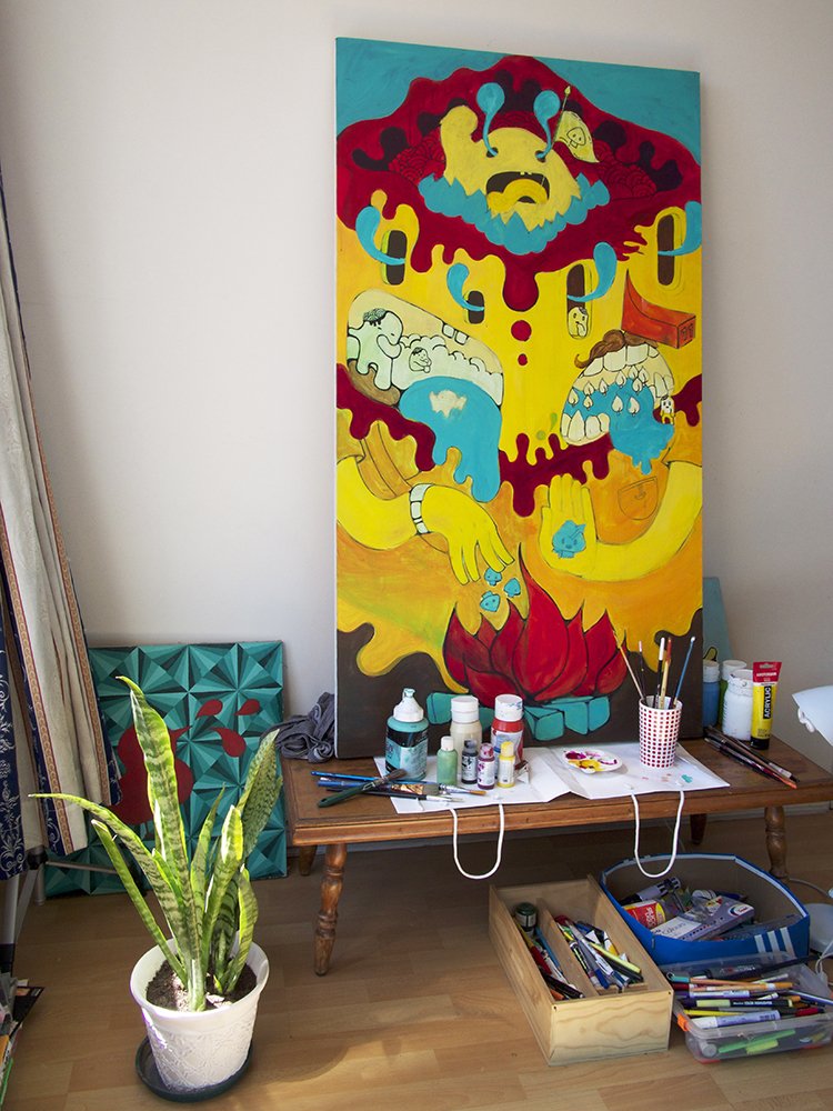 Pamela's painting in process.