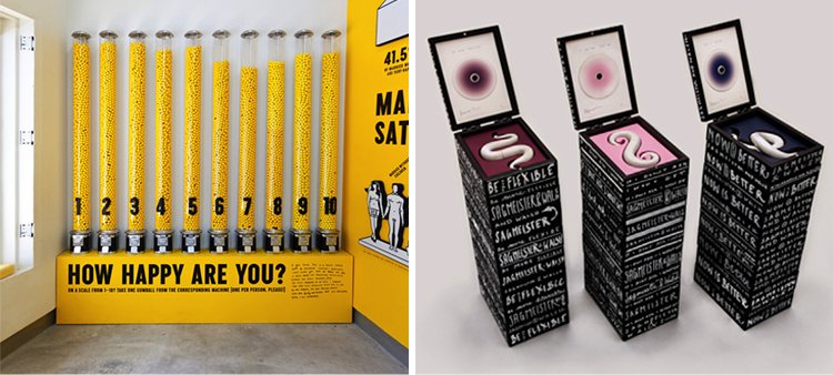 (left image) Sagmeister and Walsh - Gumball infographic installation asking visitors how happy they are, The Happy Show, at the Institute of Contemporary Art in Philadelphia; (right image) Sagmeister and Walsh – Limited edition film packaging.