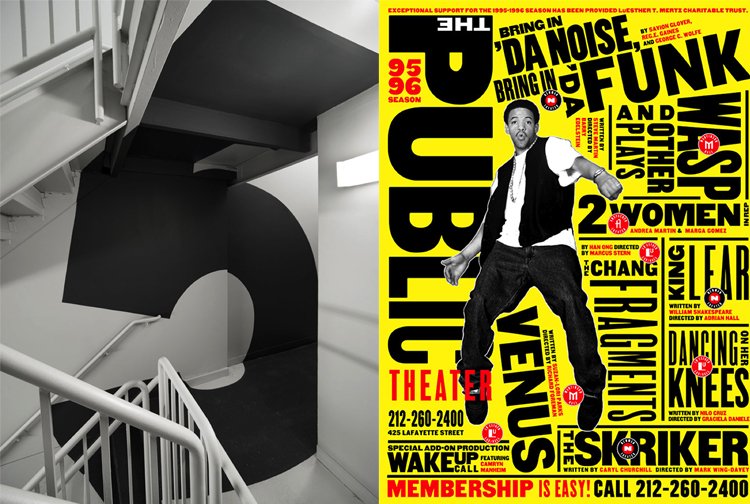 (left image) Paula Scher - Environmental graphics for Bloomberg L.P.’s headquarters located on the east side of Midtown Manhattan; (right image) Paula Scher - Promotional poster series for a theater production that debuted at the New York Shakespeare Festival/Public Theater in 1995.